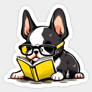 Boston Terrier With Glasses Reading a Book Sticker